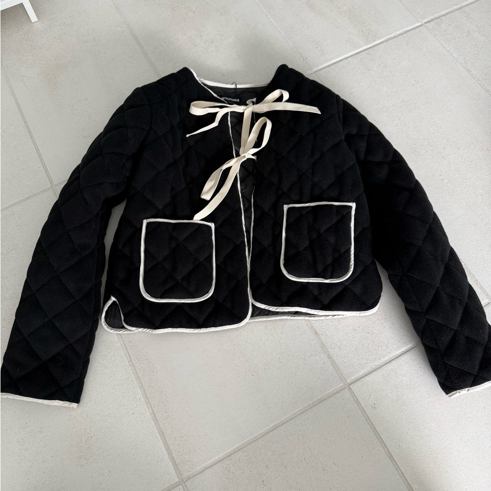 Black Quilted Jacket with Cream Ties
